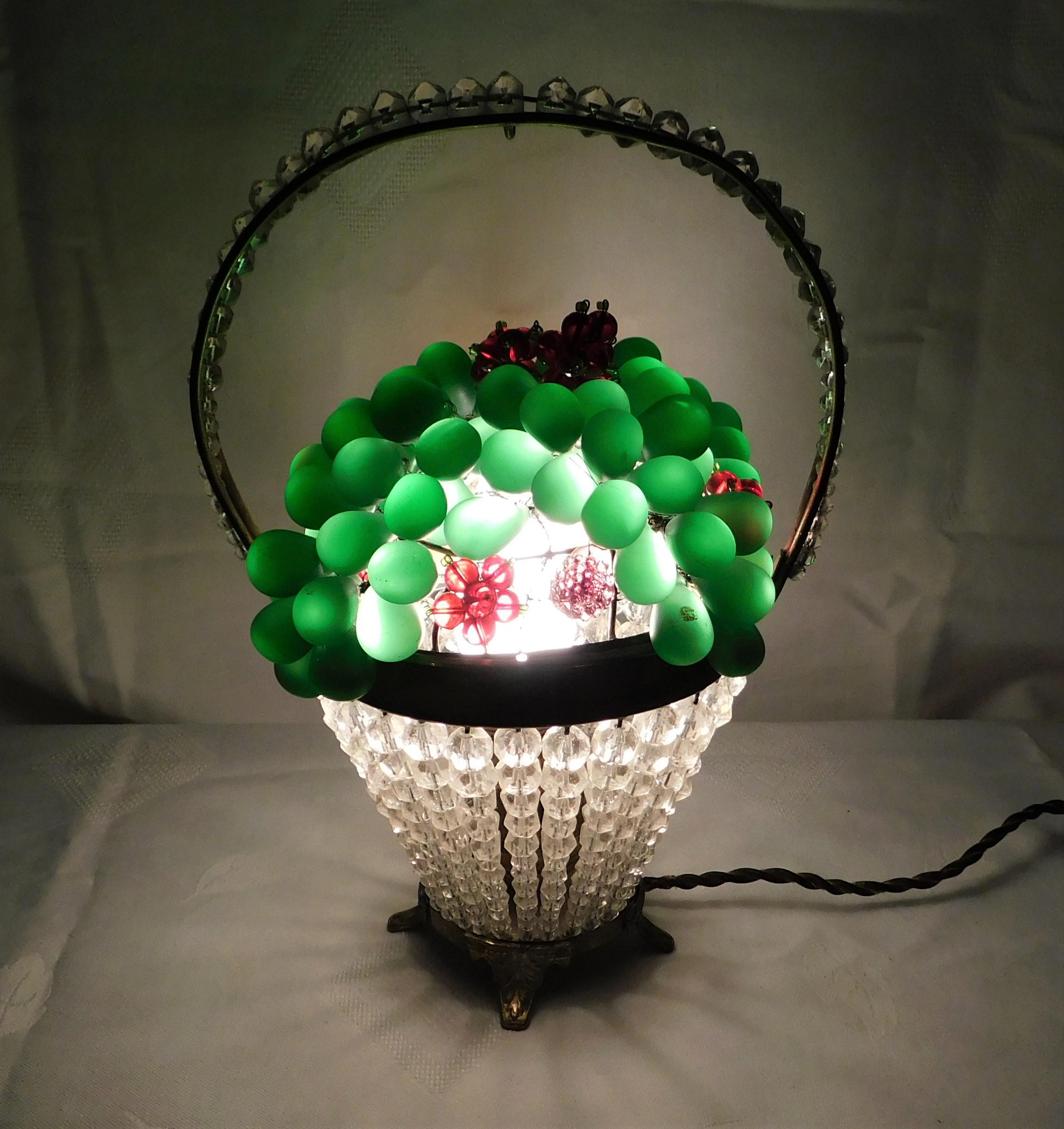 Beautiful, circa 1920 Czech Art Novena to art deco colored crystal or cut glass with grapes and fruit themed table light. Original electric plug and piece in excellent condition.