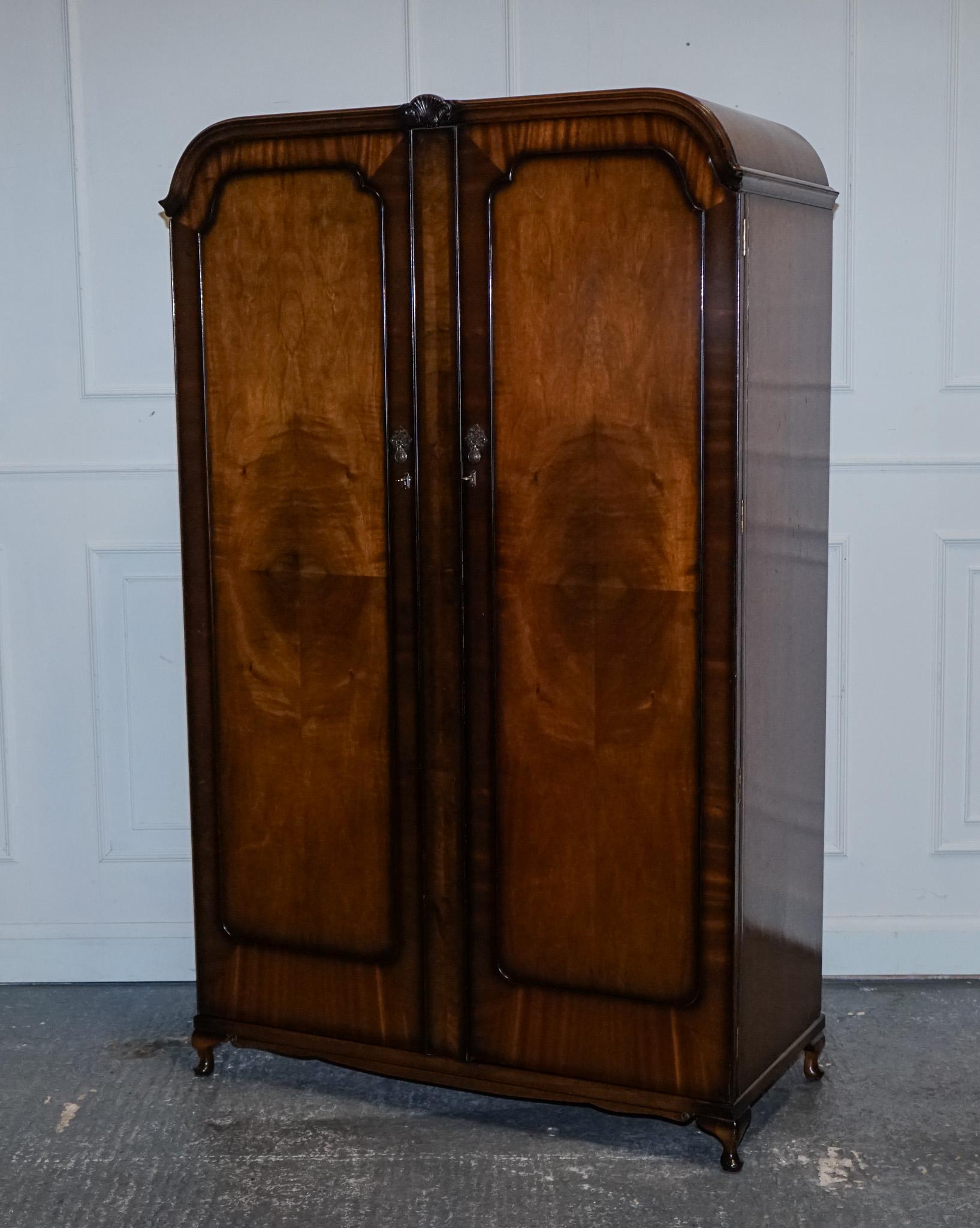 British 1920s ARTO DECO TWO DOOR BURR WALNUT WARDROBE MADE BY MAPLE & CO