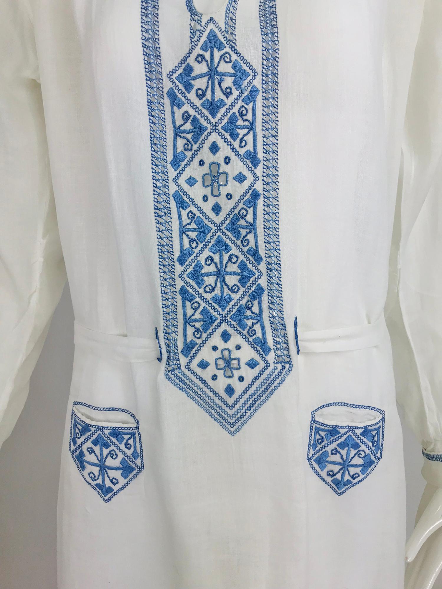 1920s Arts and Crafts Hand Embroidered Blue and White Linen Day Dress 6