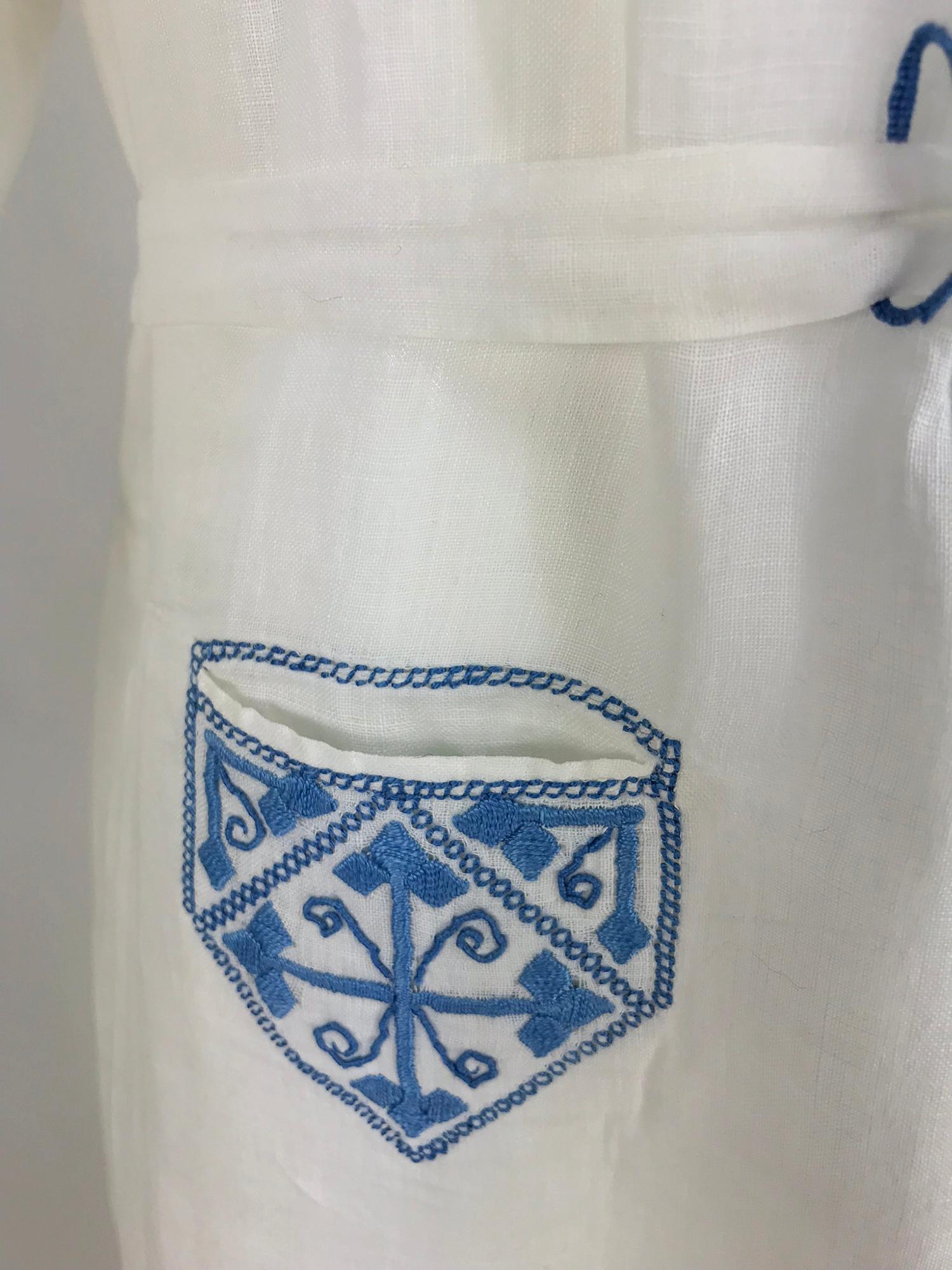 1920s Arts and Crafts Hand Embroidered Blue and White Linen Day Dress 7