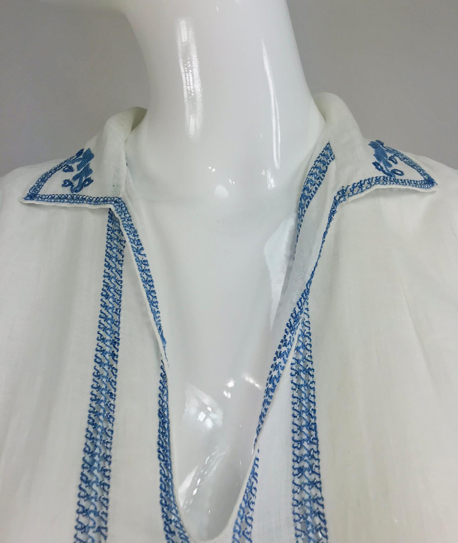 1920s Arts and Crafts Hand Embroidered Blue and White Linen Day Dress 8