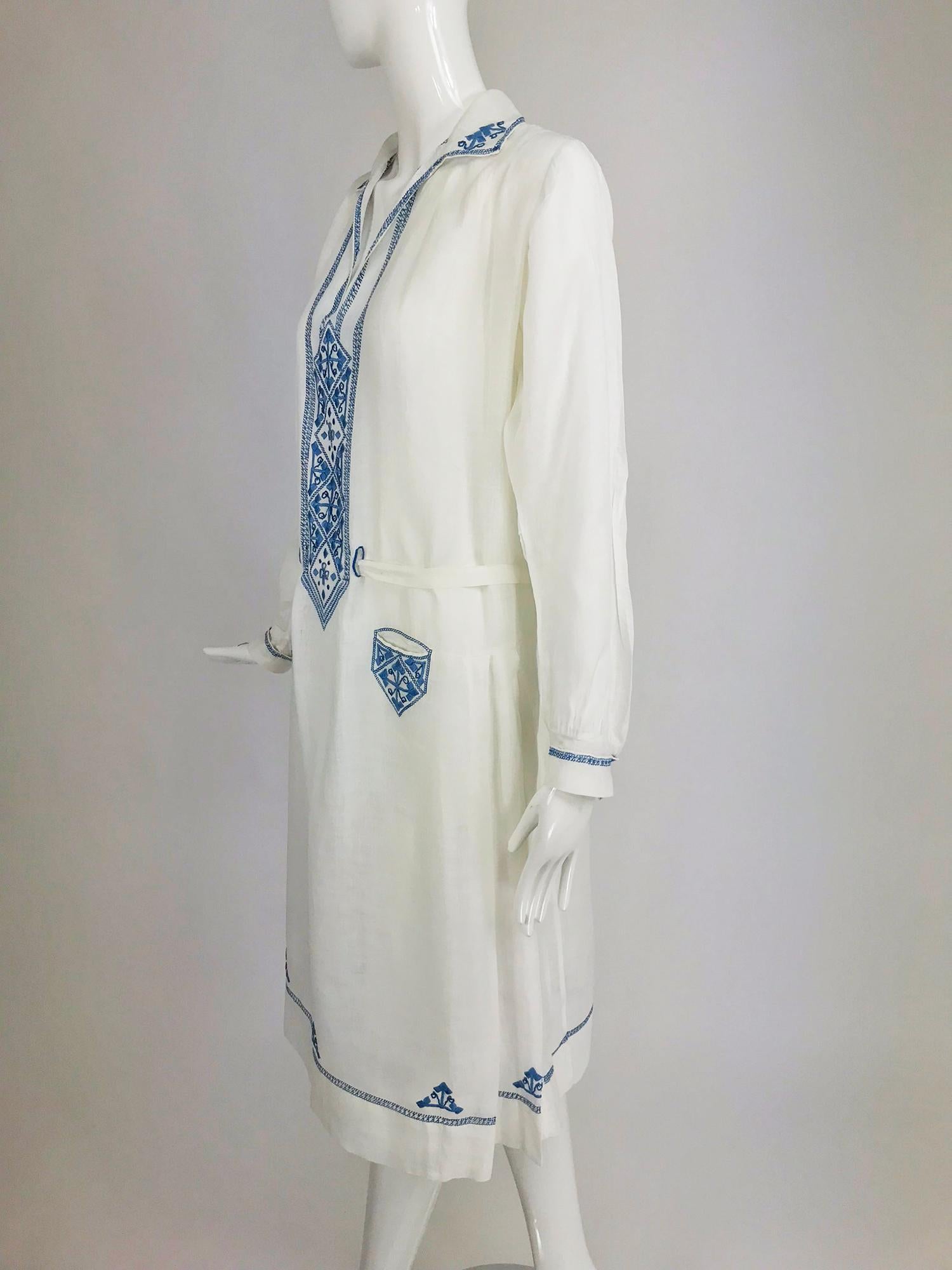 Gray 1920s Arts and Crafts Hand Embroidered Blue and White Linen Day Dress