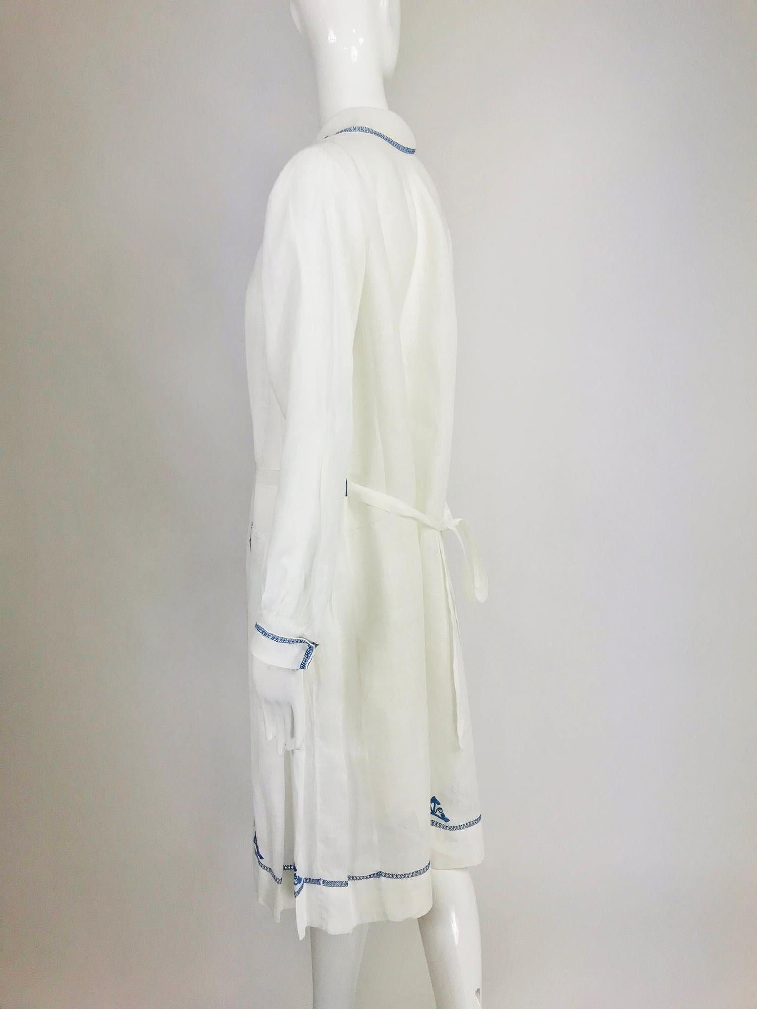 Women's 1920s Arts and Crafts Hand Embroidered Blue and White Linen Day Dress