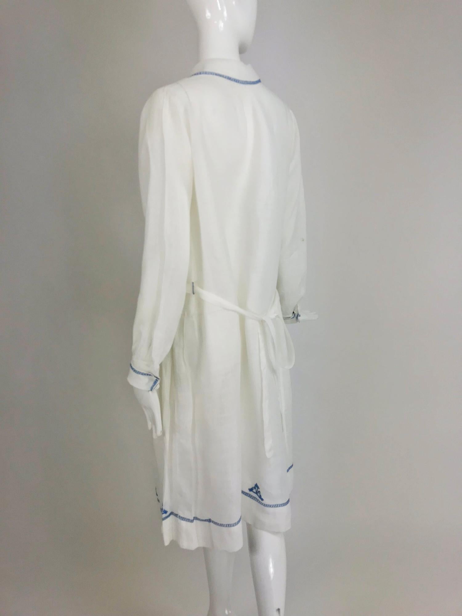 1920s Arts and Crafts Hand Embroidered Blue and White Linen Day Dress 1