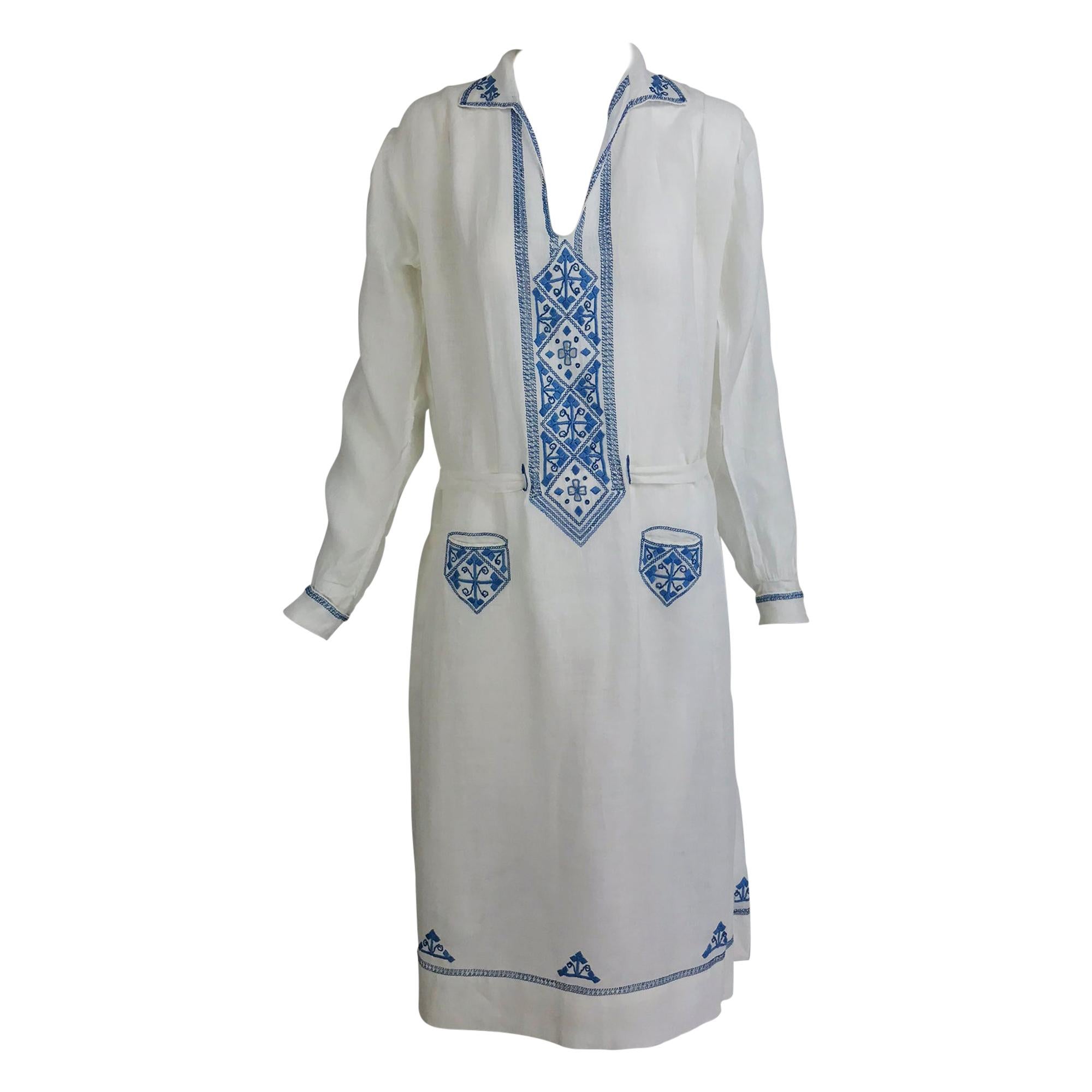 1920s Arts and Crafts Hand Embroidered Blue and White Linen Day Dress