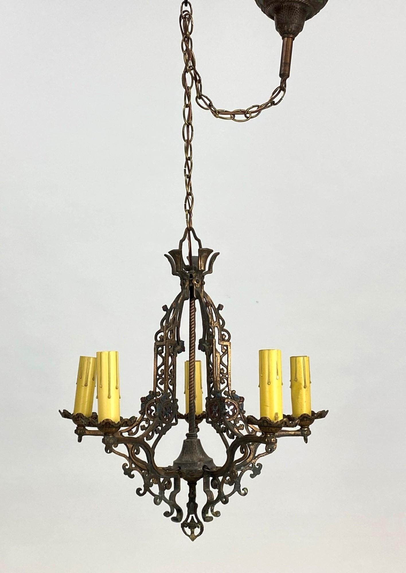 Arts and Crafts 1920s Arts & Crafts Five Arm Chandelier with Bronze Finish