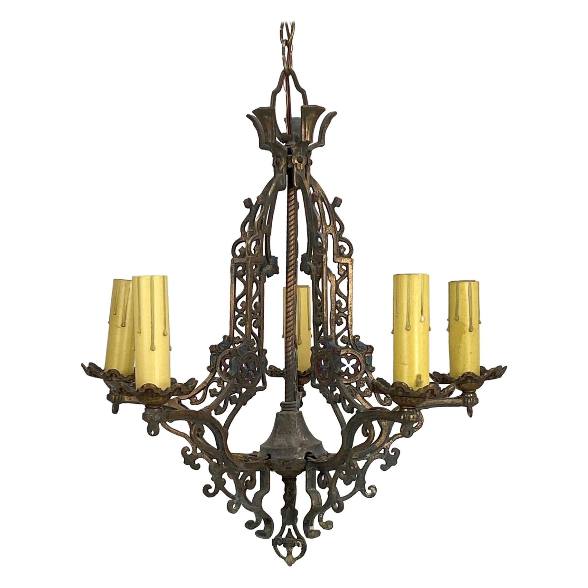 1920s Arts & Crafts Five Arm Chandelier with Bronze Finish