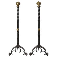 1920s Arts & Crafts Hand Forged Iron and Bronze Andirons