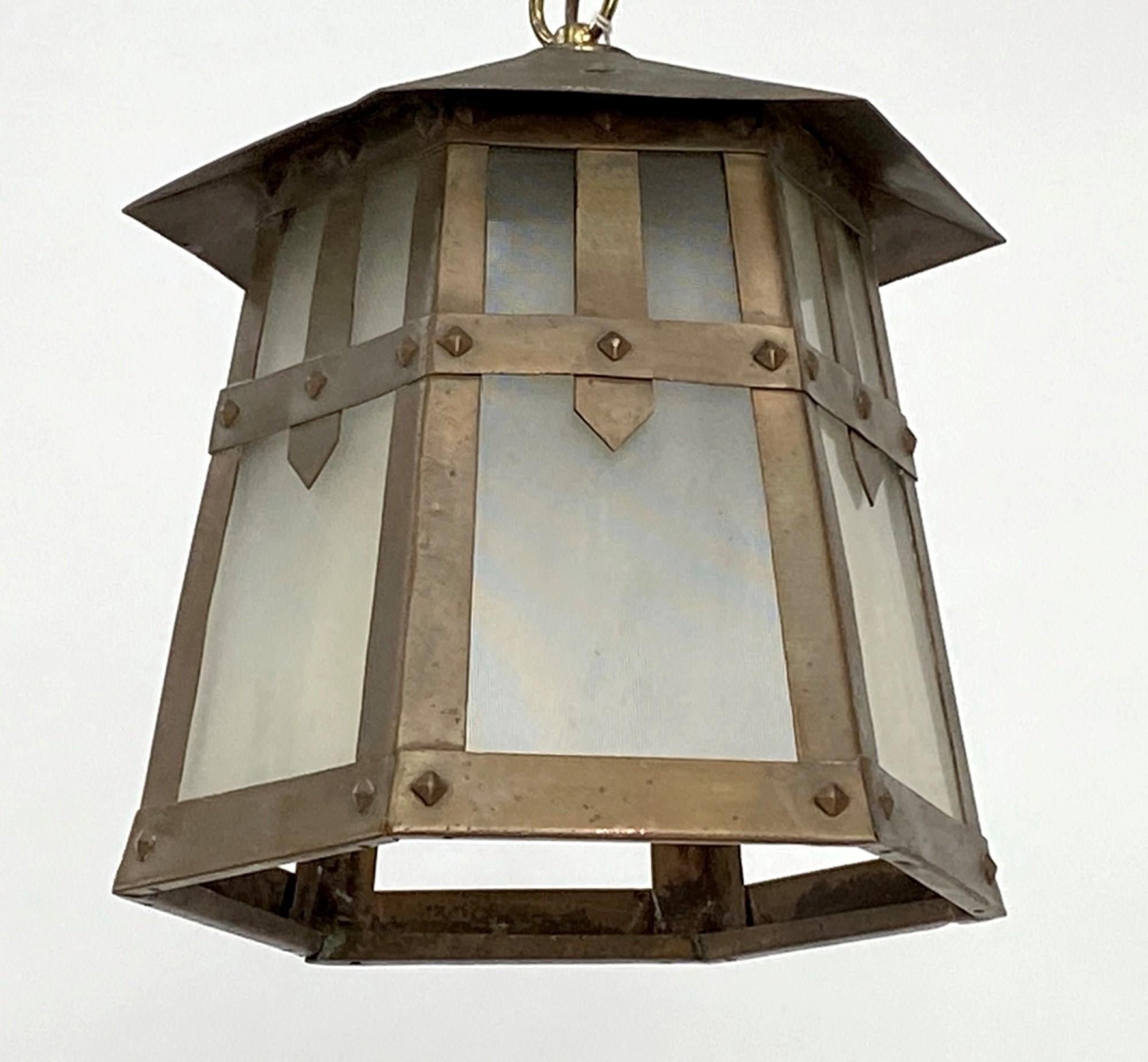 Arts and Crafts 1920s Arts & Crafts Hanging Lantern Brass and Frosted Glass Shades Hexagon Shape