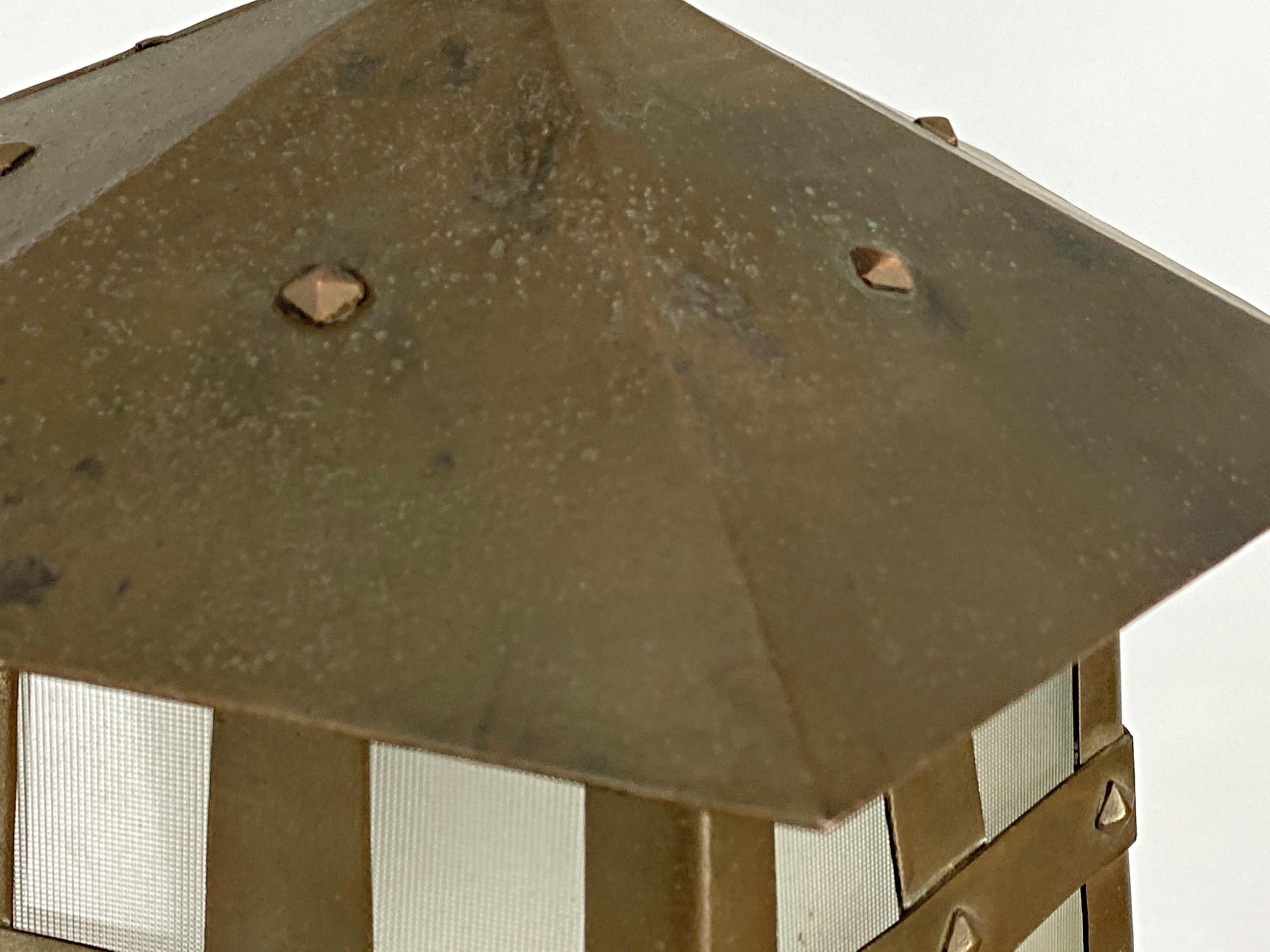 1920s Arts & Crafts Hanging Lantern Brass and Frosted Glass Shades Hexagon Shape In Good Condition In New York, NY