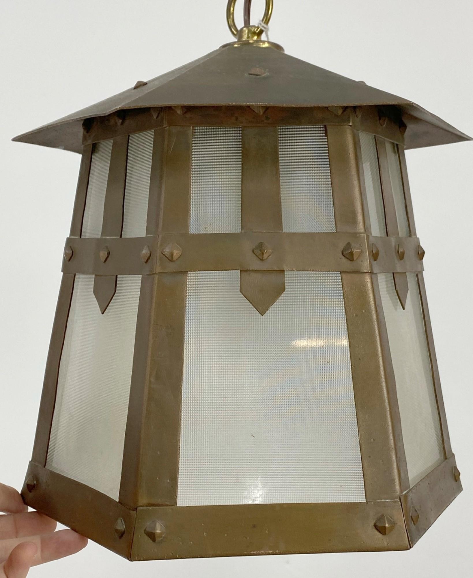 Copper 1920s Arts & Crafts Hanging Lantern Brass and Frosted Glass Shades Hexagon Shape