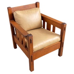 1920s Arts & Crafts Mission Oak & Leather Lounge Chair by Stickley 