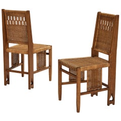 1920s Arts & Crafts Pair of Dining Chairs in Oak and Cane