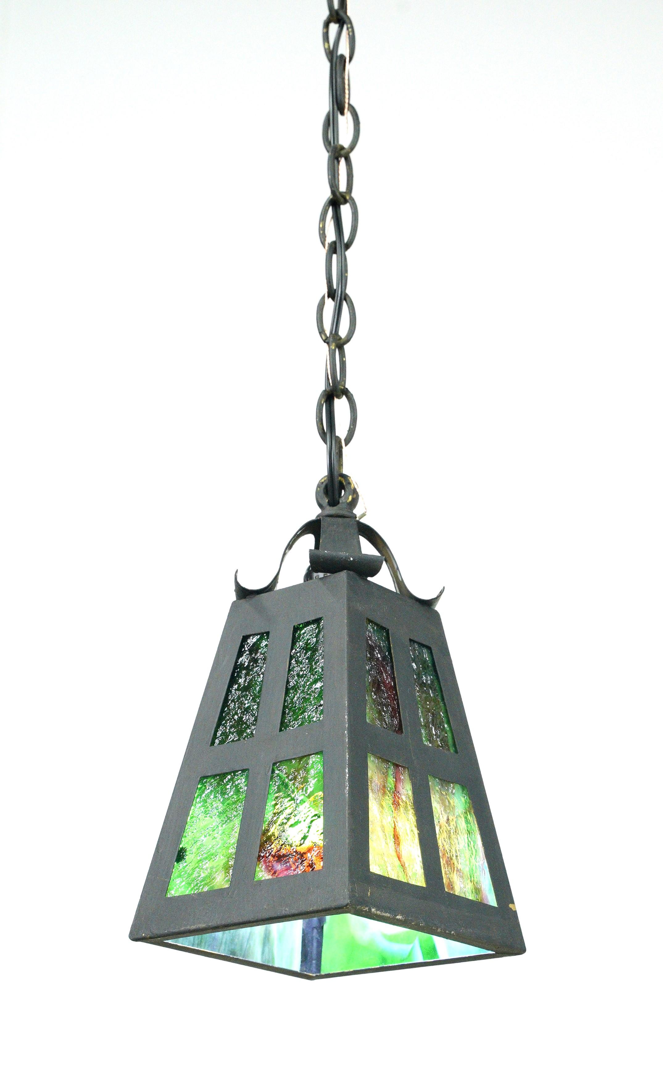 Arts and Crafts 1920s Arts & Crafts Stained Glass Lantern Pendant Light For Sale