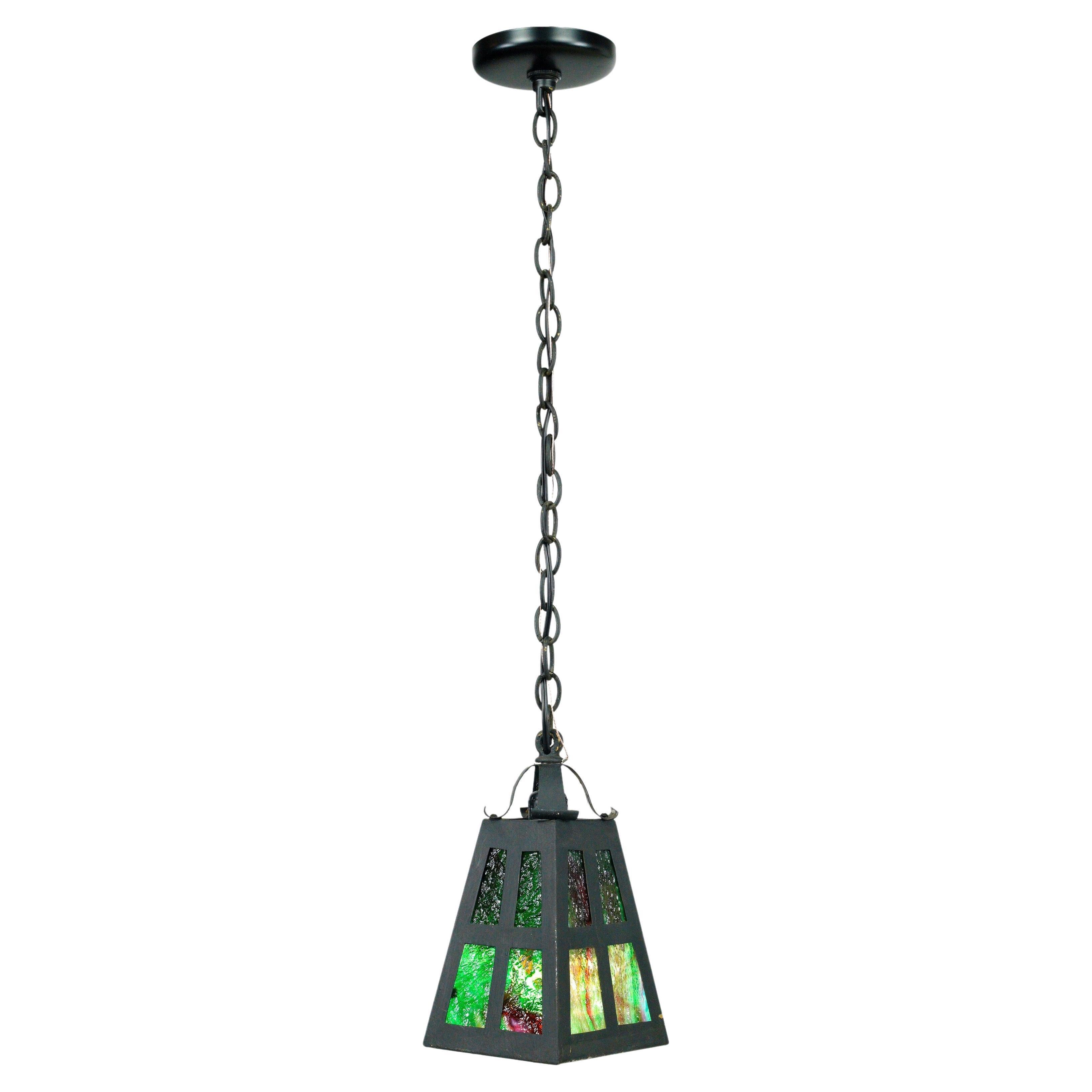 1920s Arts & Crafts Stained Glass Lantern Pendant Light For Sale