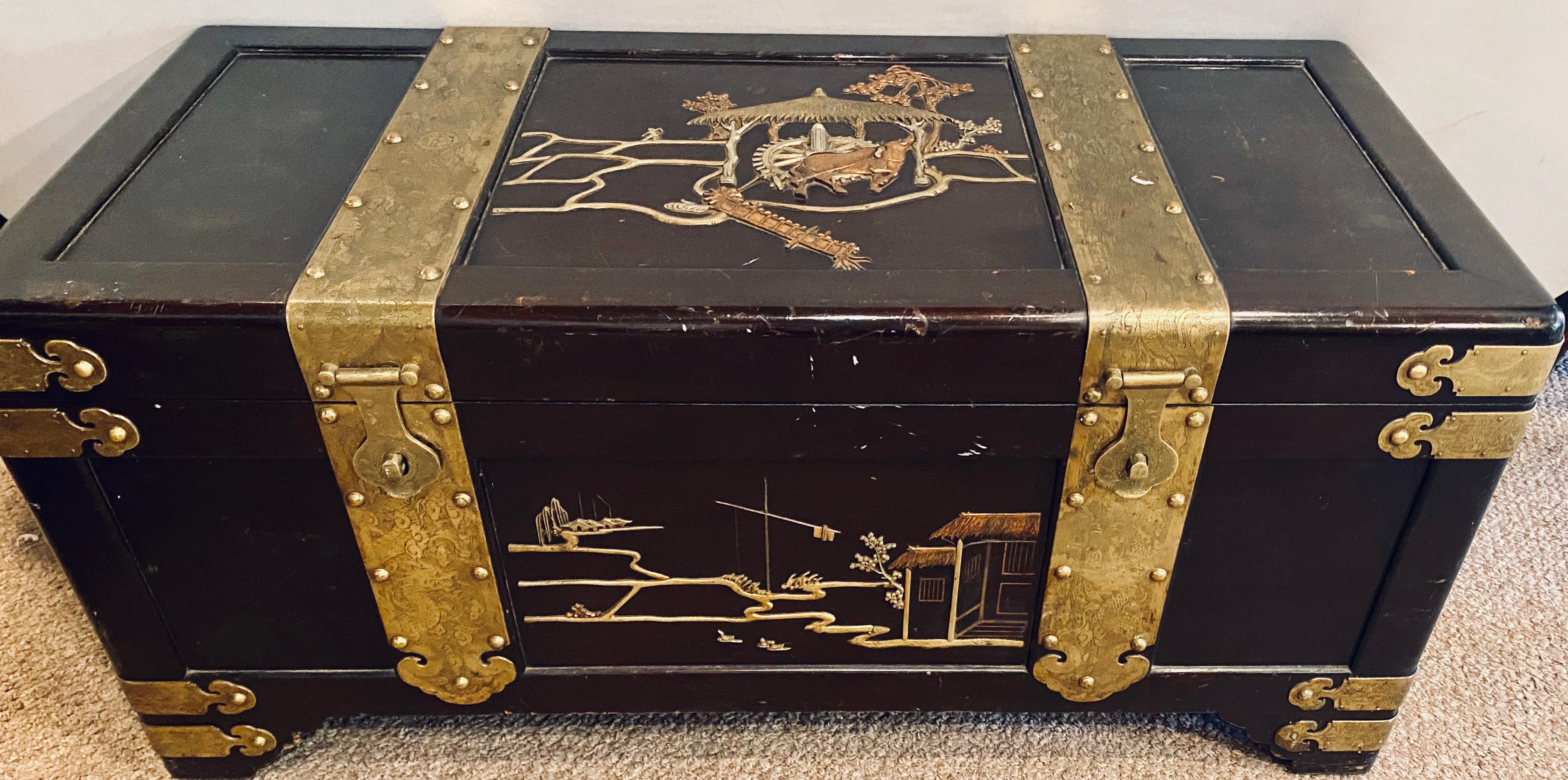 Chinese Export 1920s Asian Dowry, Blanket or Storage Chest, Bronze Decorated J. L. George For Sale