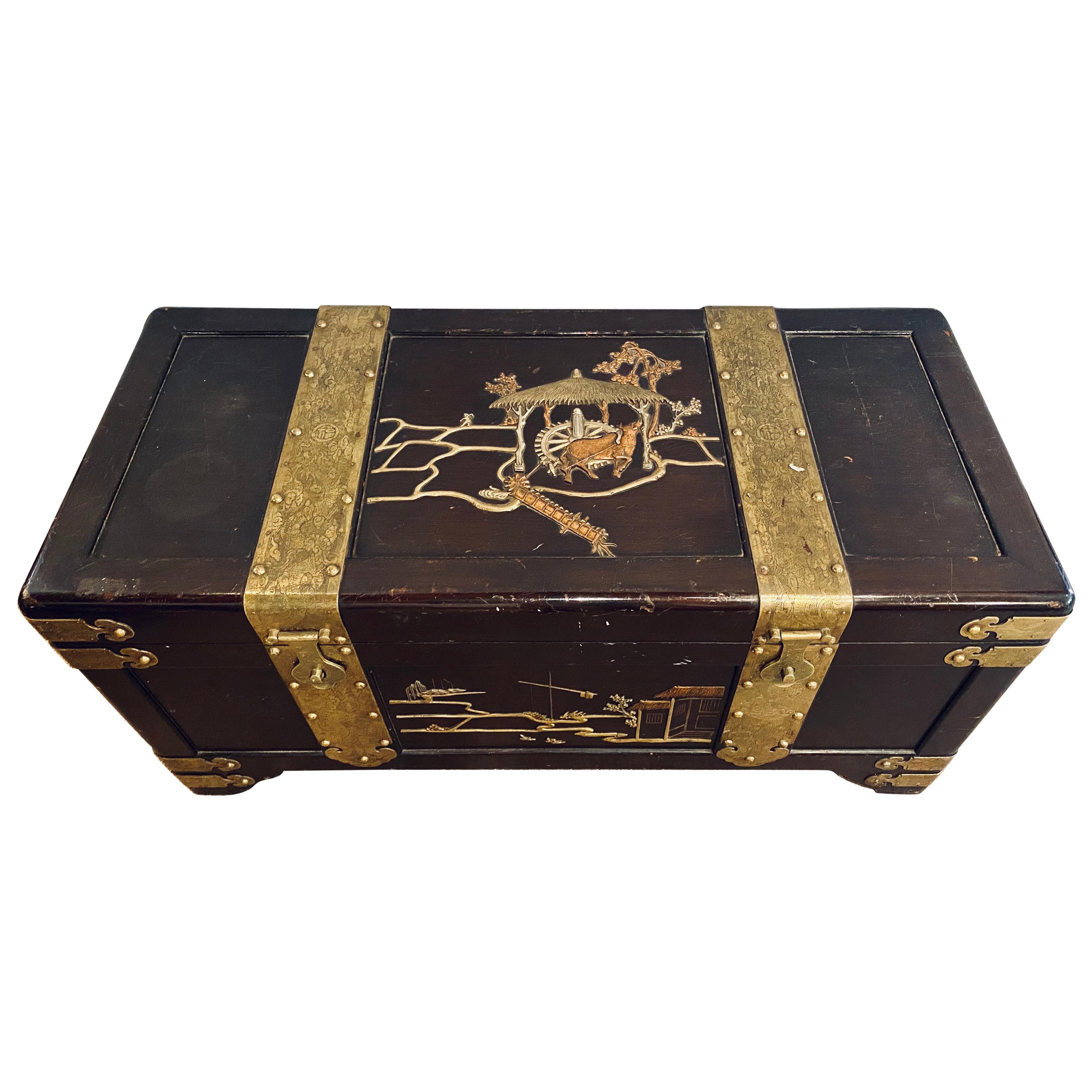 1920s Asian Dowry, Blanket or Storage Chest, Bronze Decorated J. L. George