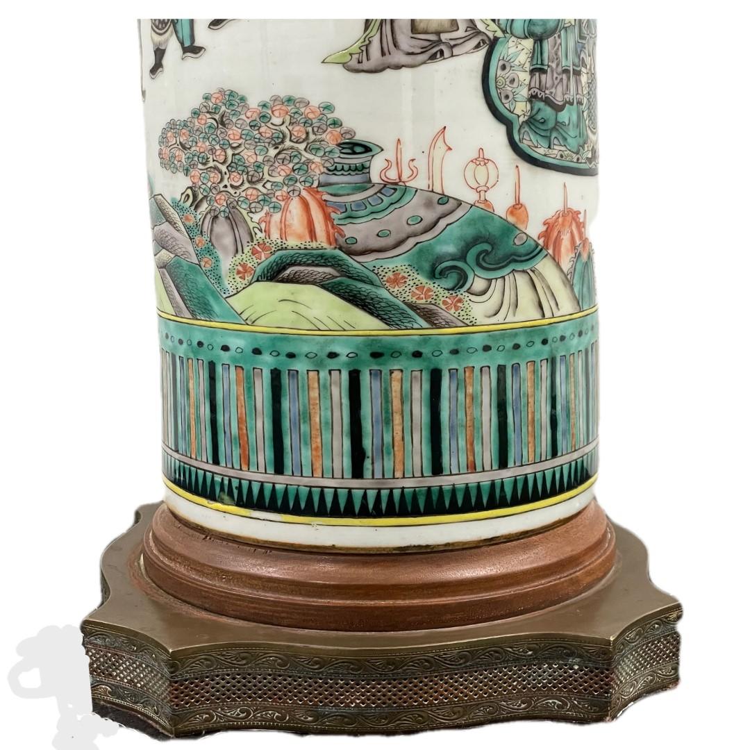 1920s Asian painted porcelain cylindrical lamp In Excellent Condition For Sale In San Francisco, CA