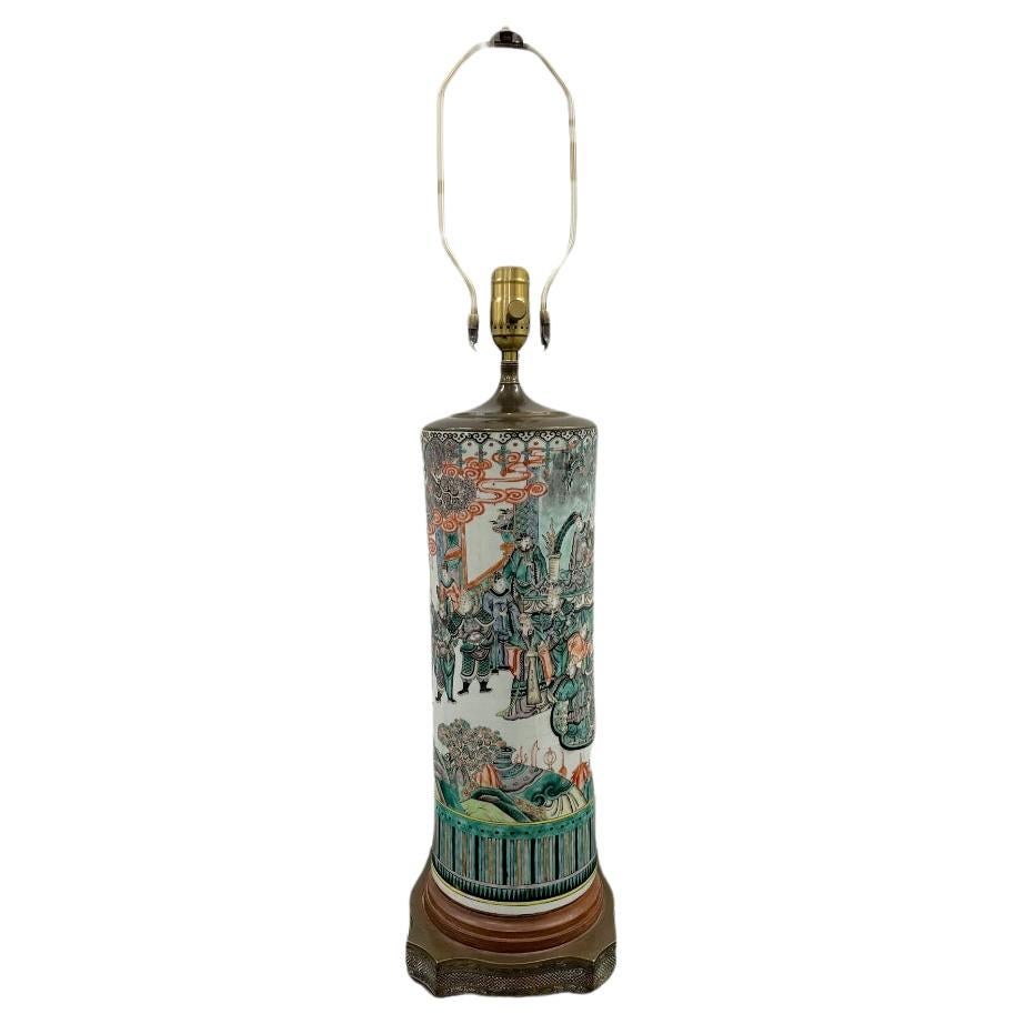1920s Asian painted porcelain cylindrical lamp