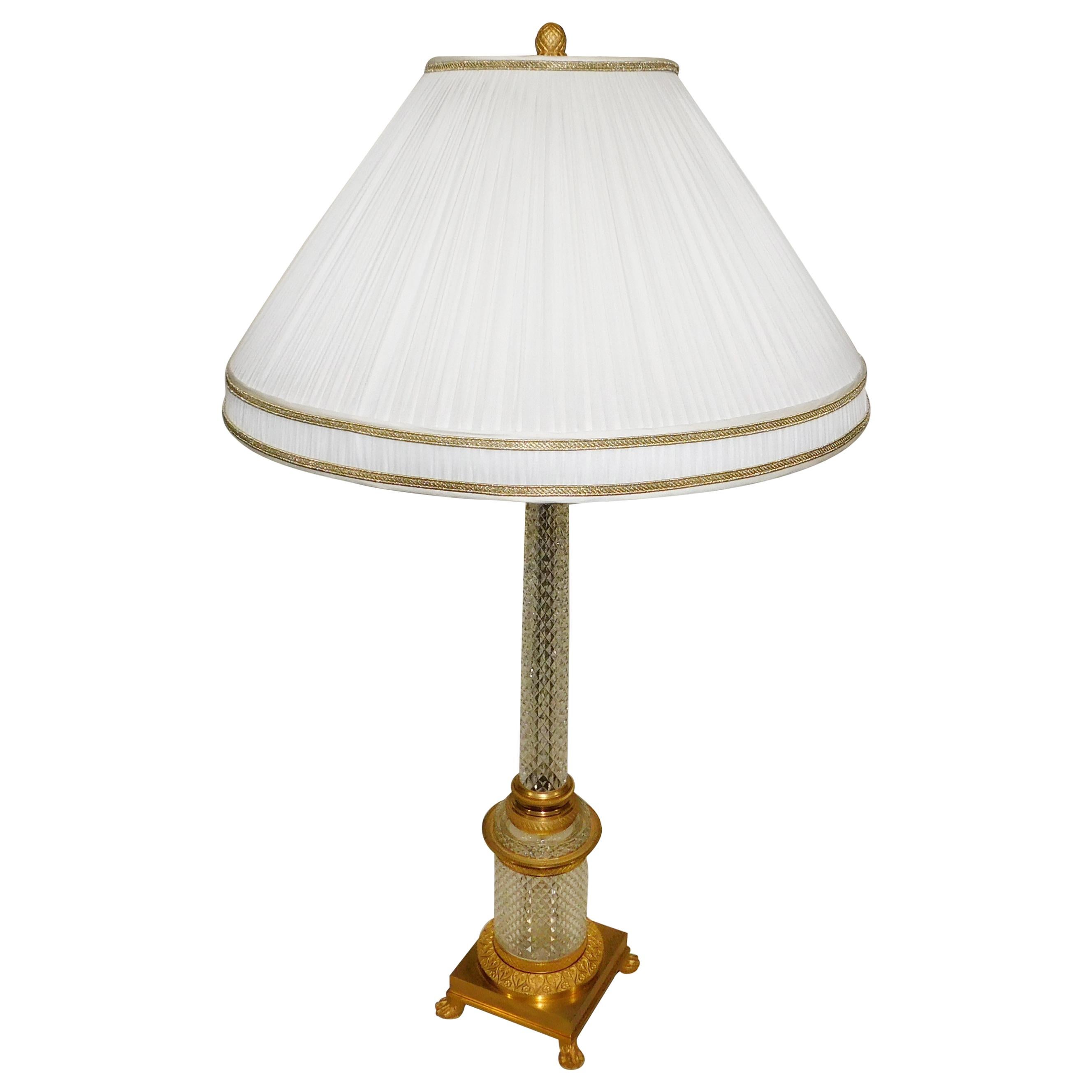 1920s Austrian Diamond Pattern Cut Crystal Gilt Bronze Table Lamp