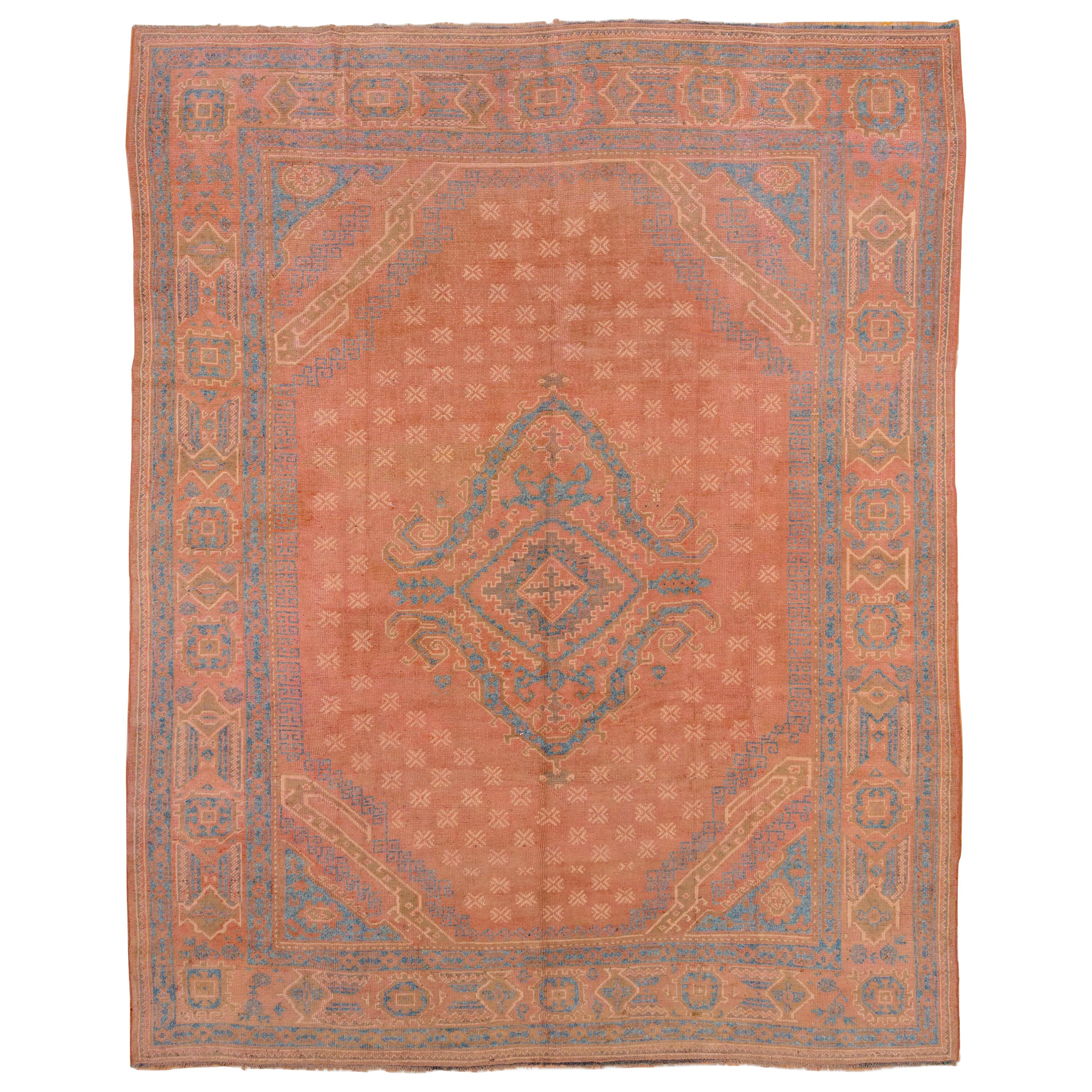 Vintage Oushak Turkish Rug in Light Golden Brown, Gray/Blue and Teal