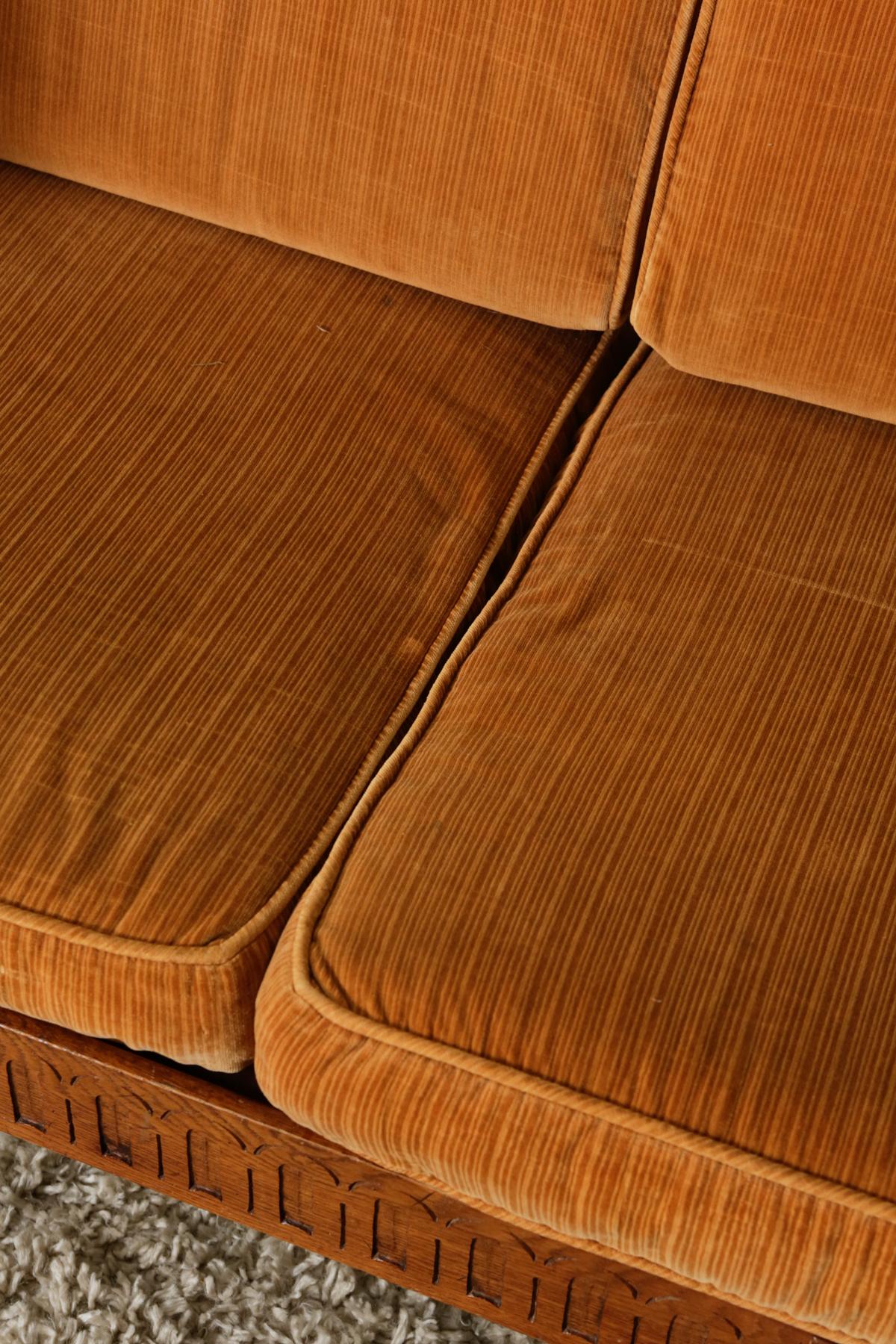 Cotton 1920s Authentic Vintage Solid Oak Wood Frame 3 Seater Sofa