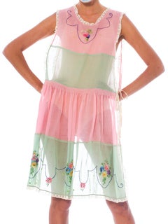 1920S Baby Pink & Green Hand Embroidered Cotton Pinafore Apron  Dress