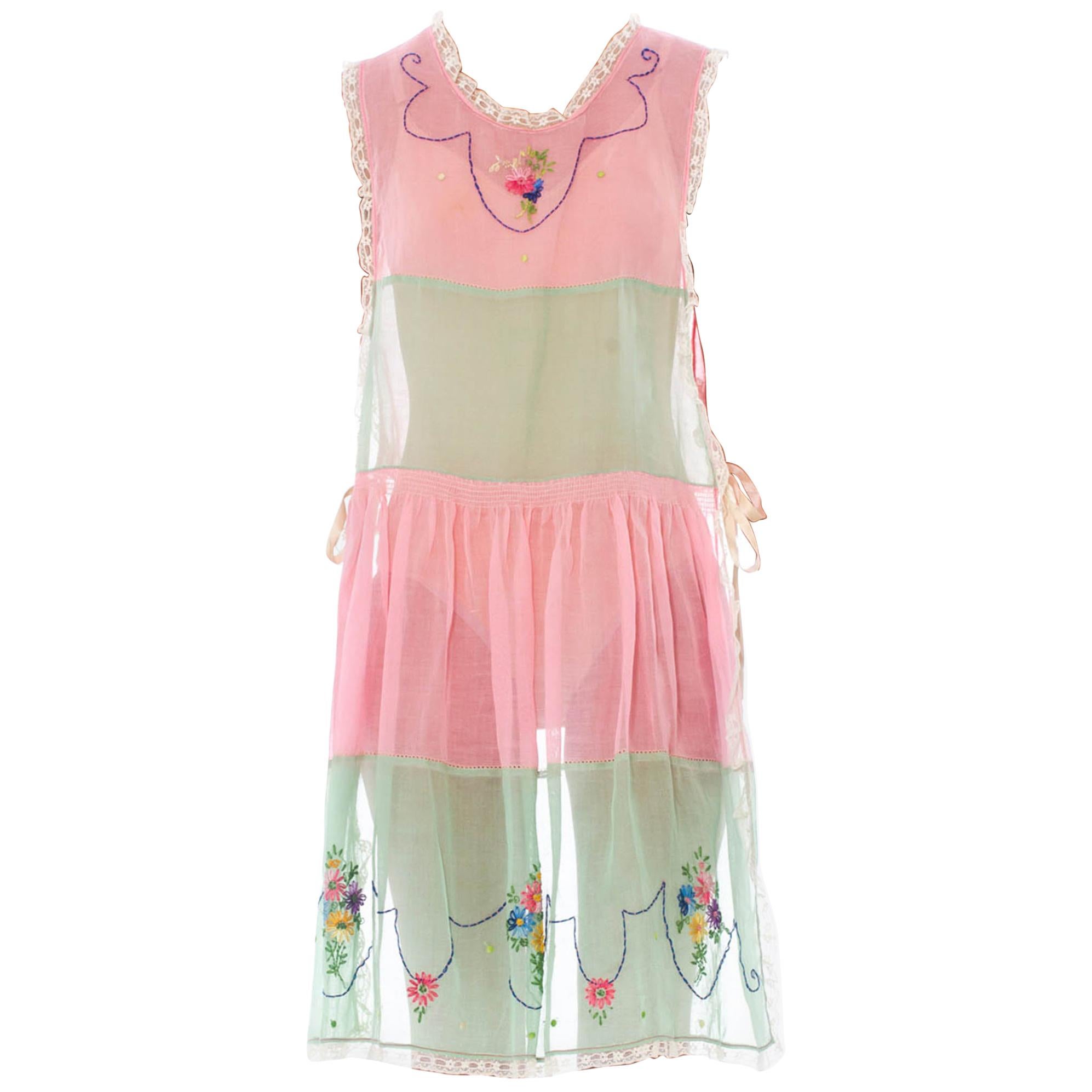 1920S Baby Pink & Green Hand Embroidered Cotton Pinafore Apron  Dress For Sale