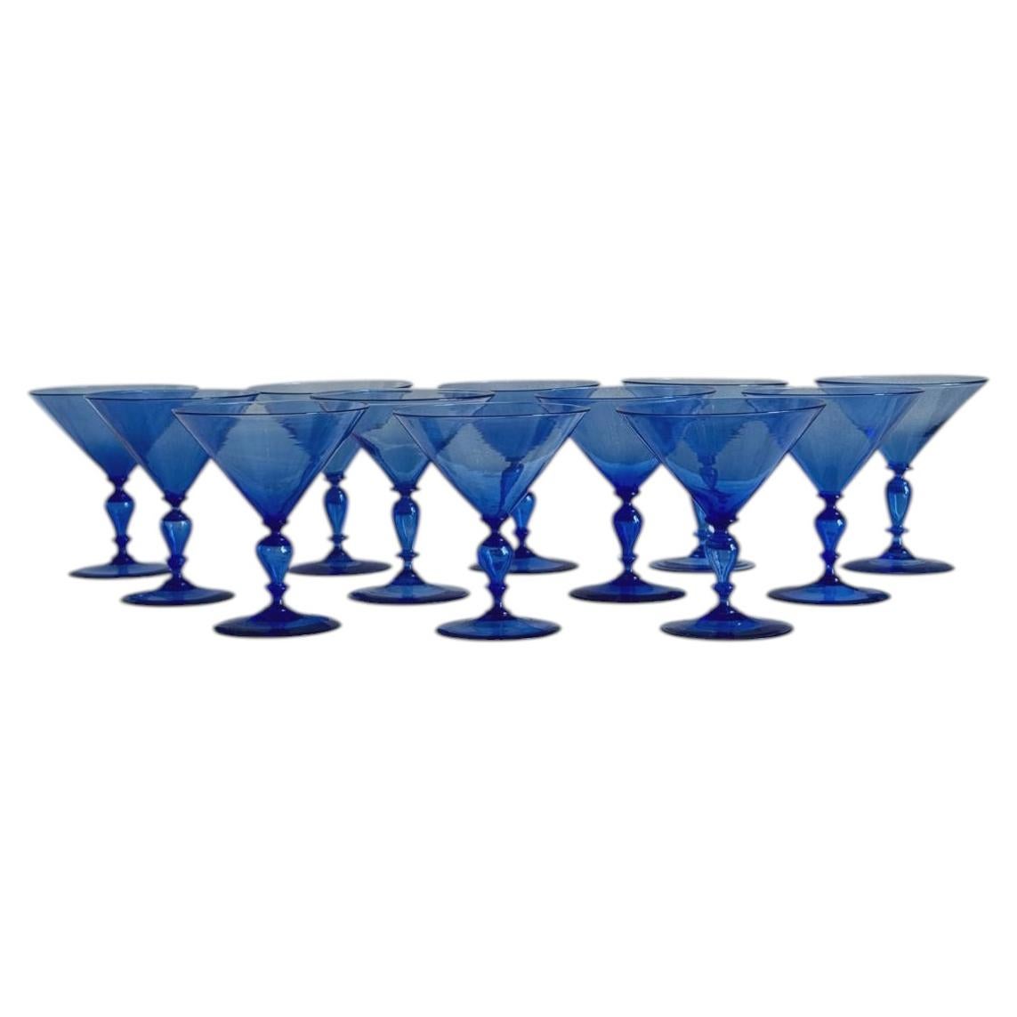 1920s Barovier Blue Hand-blown Murano Cocktail Glasses (Set of 12)