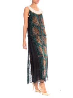 1920S Black Beaded Silk Chiffon Over Satin Cocktail Dress With Golden Art Deco