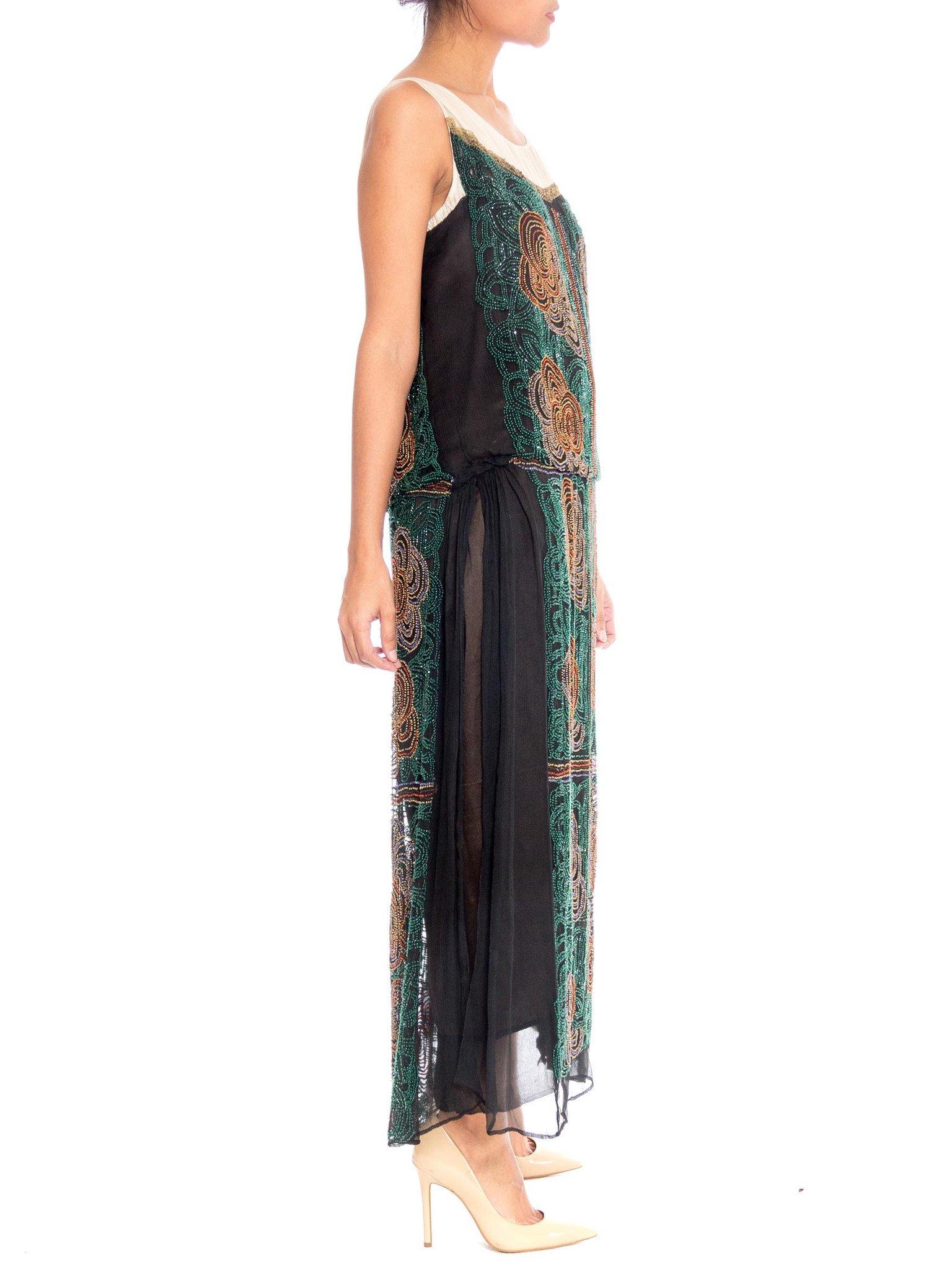 1920S Black Beaded Silk Chiffon Over Satin Cocktail Dress With Golden Art Deco  In Excellent Condition For Sale In New York, NY