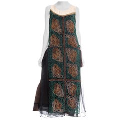 Antique 1920S Black Beaded Silk Chiffon Over Satin Cocktail Dress With Golden Art Deco