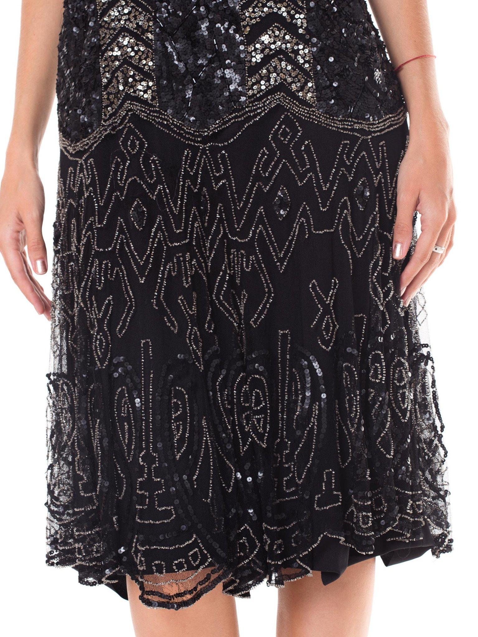 Women's 1920S  Black Hand Beaded Silk Net Art Deco Flapper Dress With Chevron Sequin De For Sale