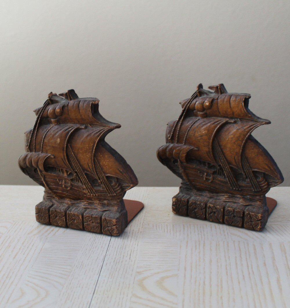Arts and Crafts 1920s Beautiful Pair Galleon Ship Bookends  Early Synthetic Plastics Shelf Decor For Sale