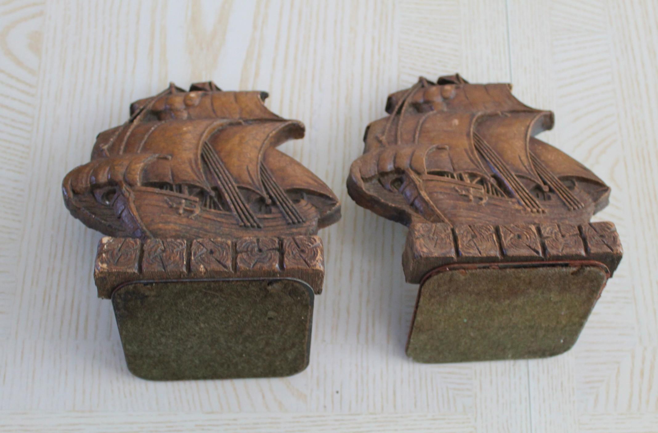 American 1920s Beautiful Pair Galleon Ship Bookends  Early Synthetic Plastics Shelf Decor For Sale