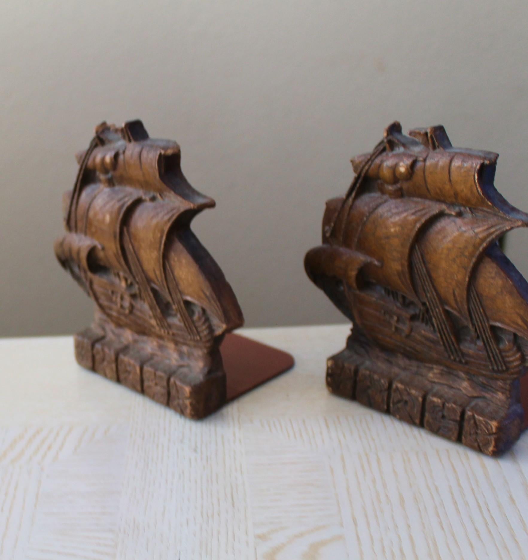 1920s Beautiful Pair Galleon Ship Bookends  Early Synthetic Plastics Shelf Decor In Good Condition For Sale In Peoria, AZ