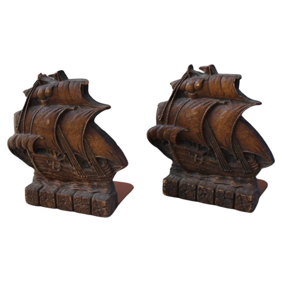 1920s Beautiful Pair Galleon Ship Bookends  Early Synthetic Plastics Shelf Decor For Sale