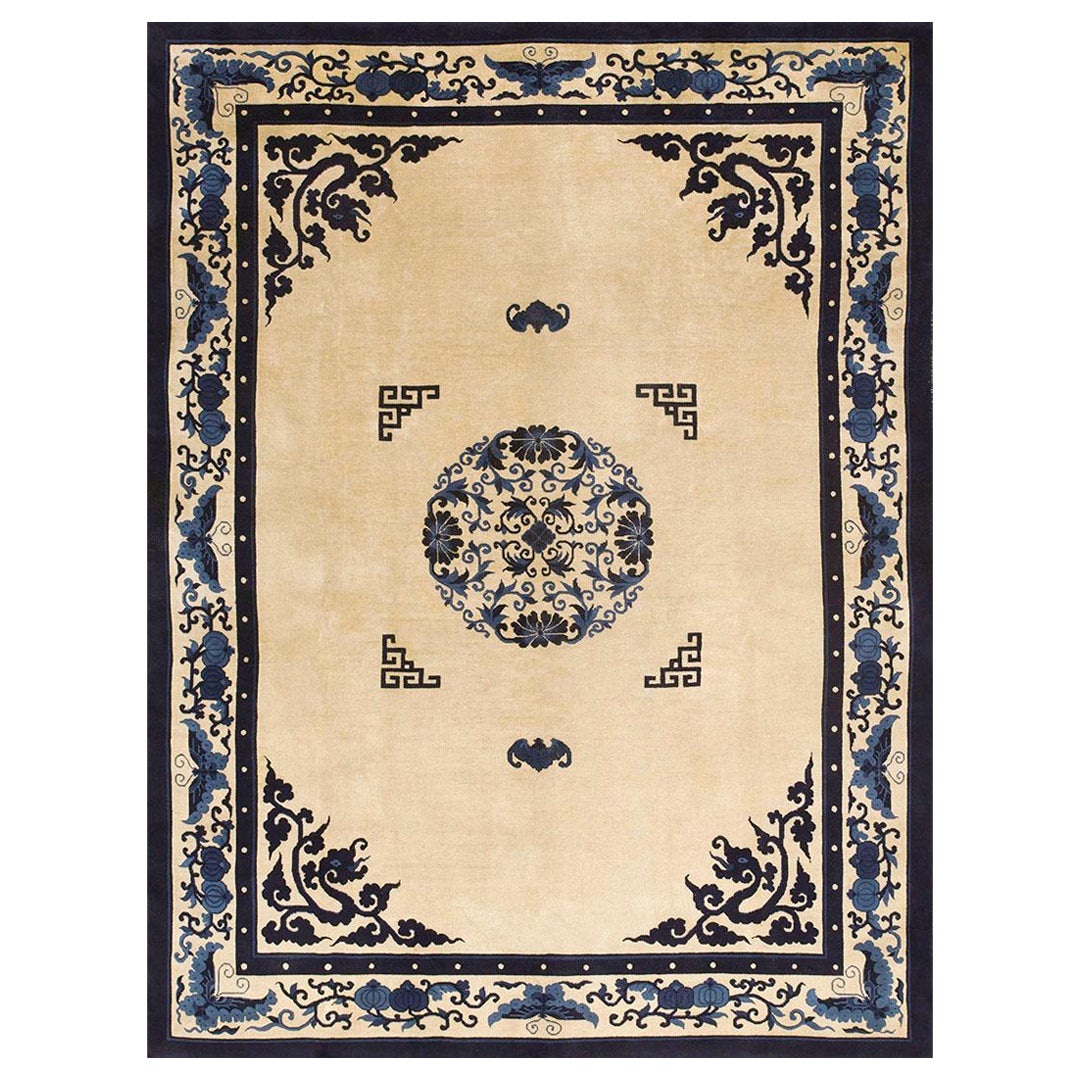 1920s Beige Blue Medallion 
Dragon Antique Chinese Peking Rug 8
8"x11
6" Carpet For Sale