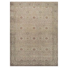 1920s Beige Ground Antique "Crisp Design Logic Knotted Wool Tabriz Room Size Rug