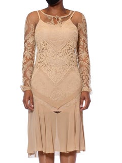 1920S Beige Handmade Lace & Silk Chiffon Dress With Long Sleeves