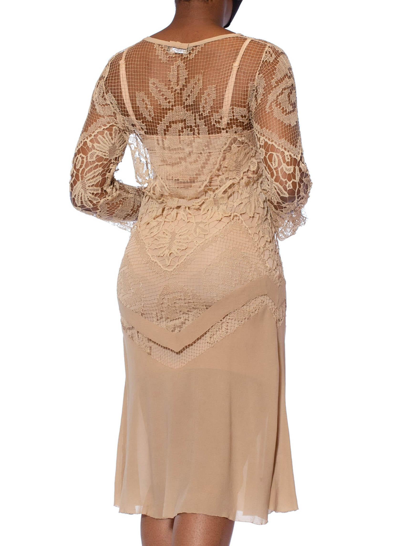 Women's 1920S Beige Handmade Lace & Silk Chiffon Dress With Long Sleeves For Sale