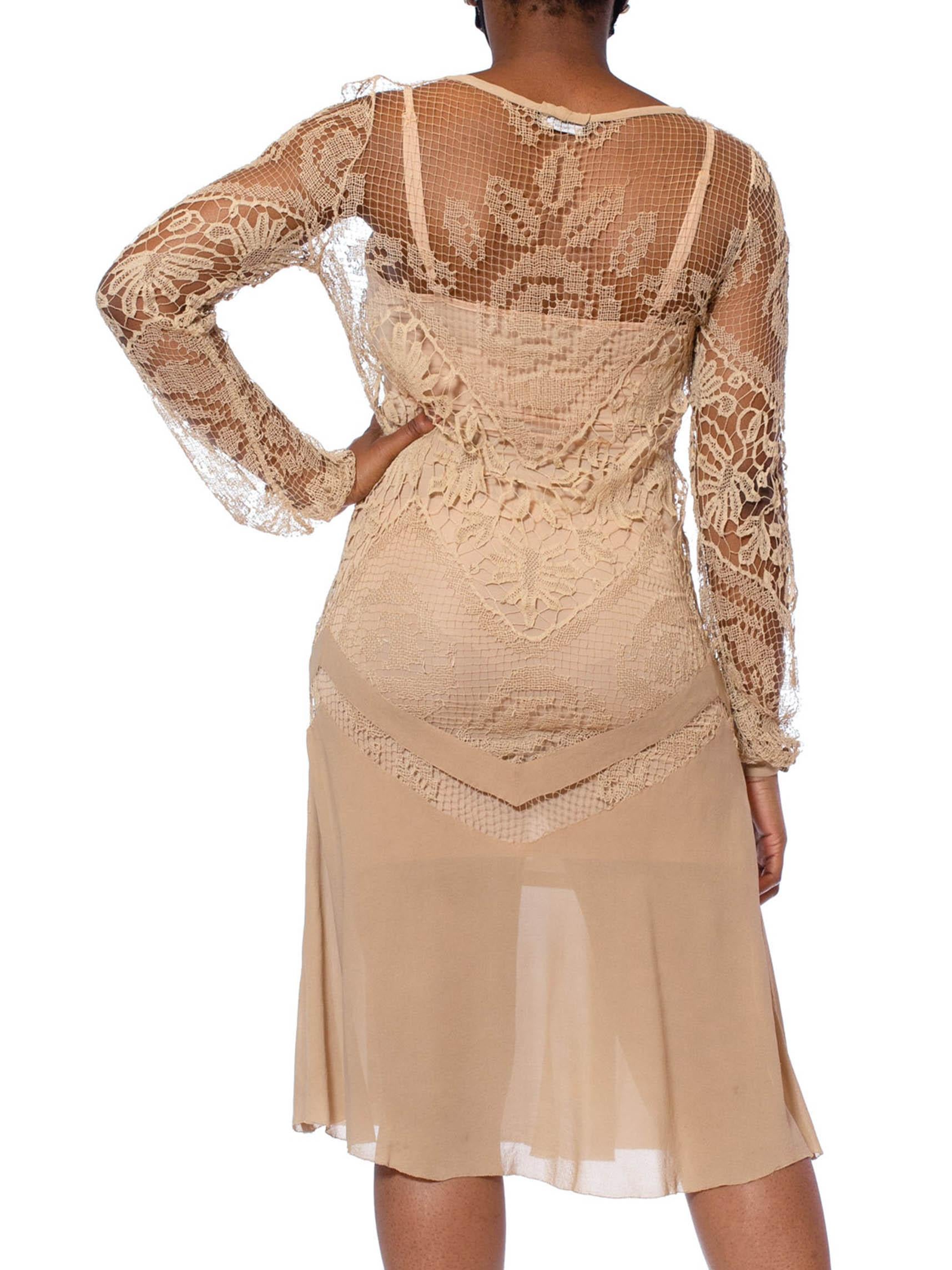 1920S Beige Handmade Lace & Silk Chiffon Dress With Long Sleeves For Sale 2