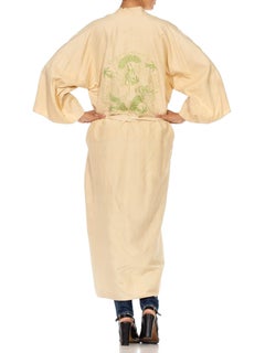 1920S Beige & Light Green Cotton Chinoiserie Dragon Embroidered  Kaftan