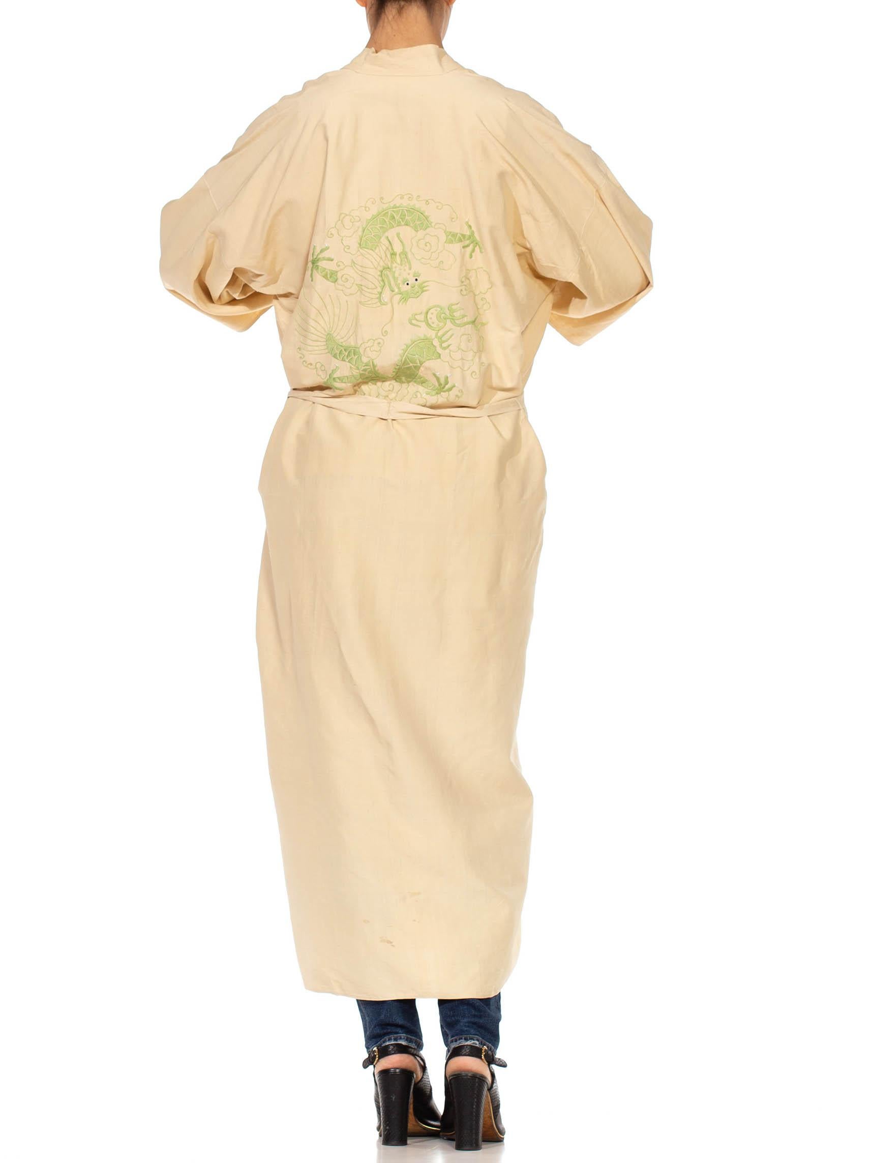 Orange 1920S Beige & Light Green Cotton Chinoiserie Dragon Embroidered  Kaftan For Sale