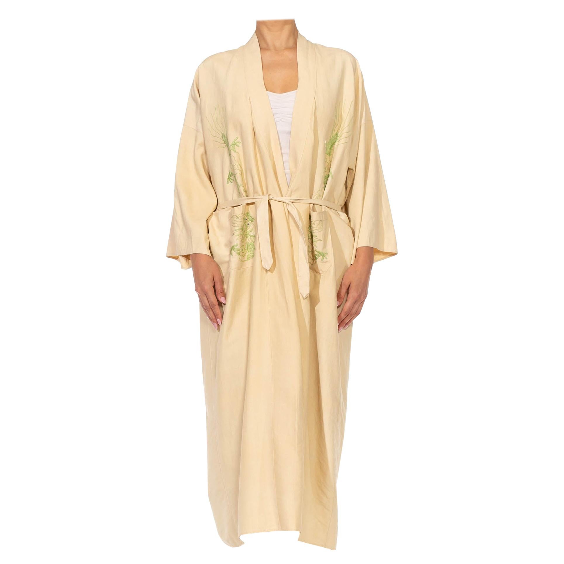 1920S Beige & Light Green Cotton Chinoiserie Dragon Embroidered  Kaftan For Sale