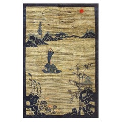 1920s Beige Neutral Field Traditional Chinese Symbolic Motifs Antique Peking Rug