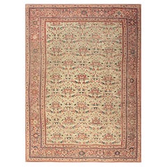 1920s Beige Room Size Antique Allover Floral Knotted Wool Mahal Rug