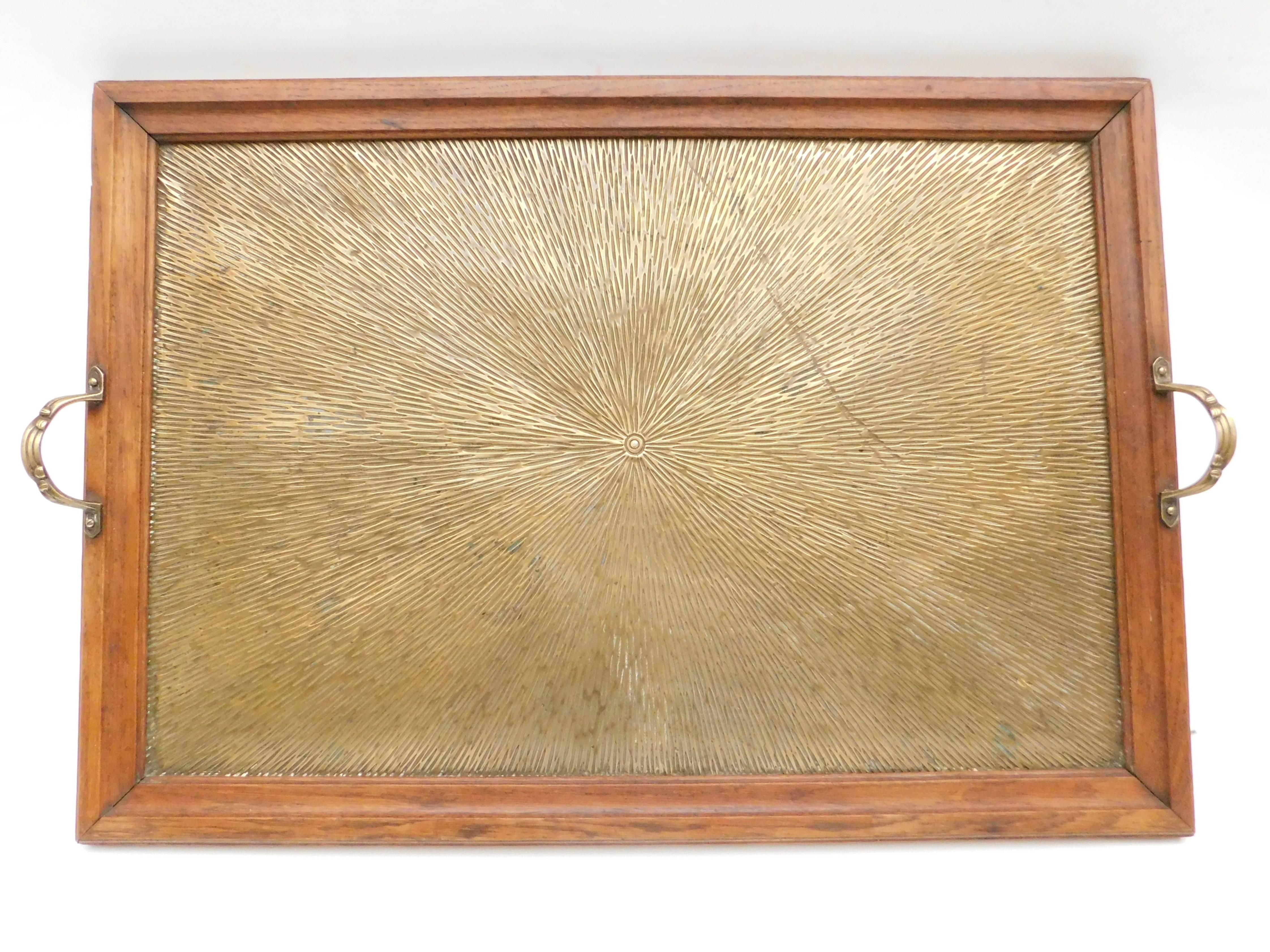 Early 20th Century 1920's Belgian Brass and Oak Art Deco Tray with Sunburst Design For Sale