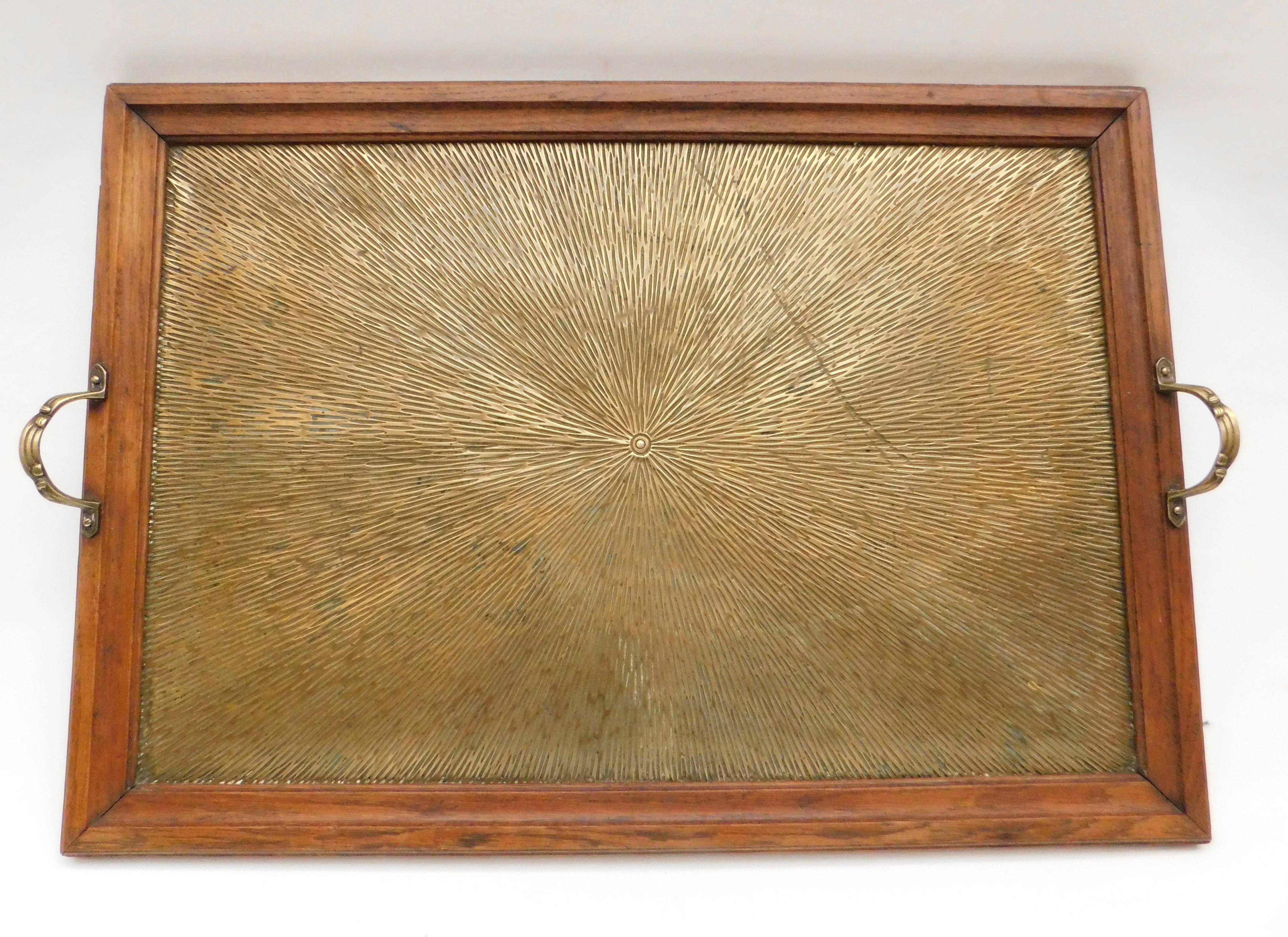 1920's Belgian Brass and Oak Art Deco Tray with Sunburst Design For Sale 1