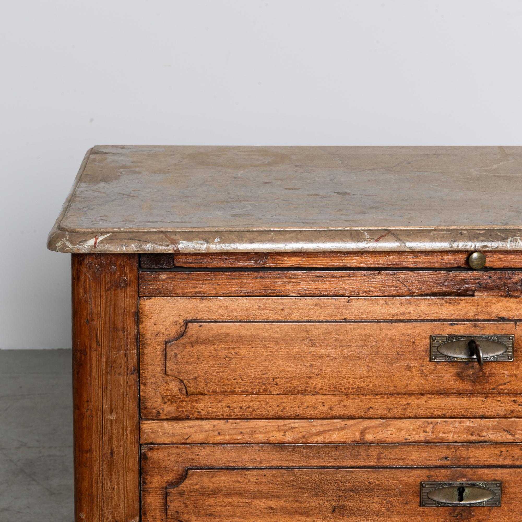Wood 1920s Belgian Chest of Drawers with Faux Marble Patinated Top